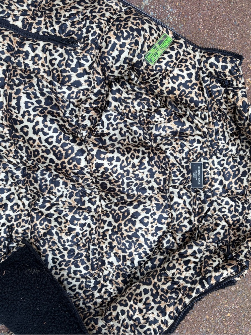 Kendall & Kylie Leopard Print Puffer Jacket - Black, Tan, Cream reversible